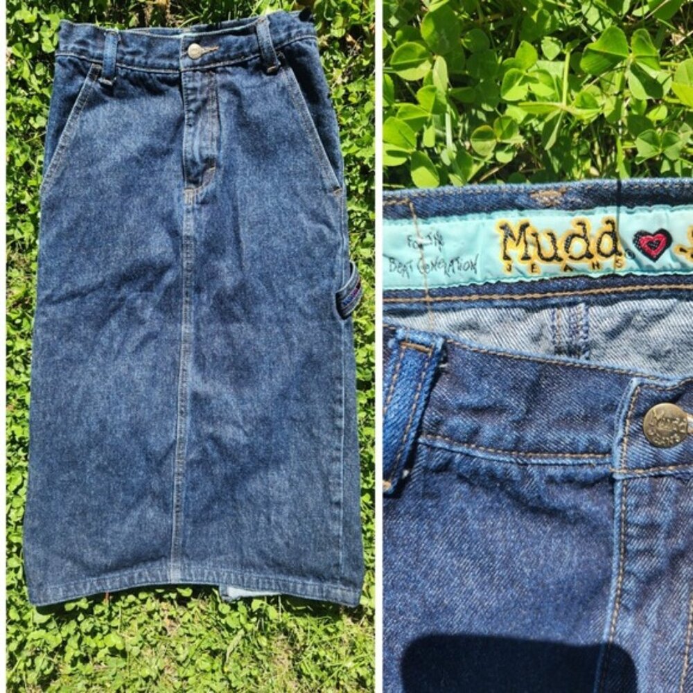 Mudd Jeans Denim Midi Skirt Dark Wash Grunge Y2K Pockets Adjustable Waist Size 7